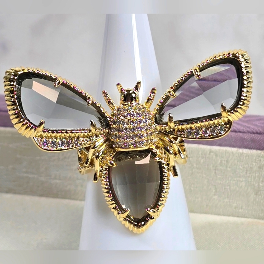 Gold Smokey Crystal Bee Ring